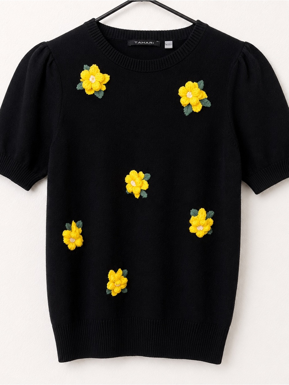 T Tahari Black Knit blouse Top with Yellow 3D Floral dopamine cottagecore chic